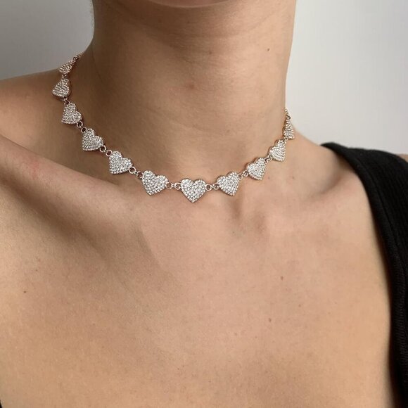 Silver Plated Heart Choker Necklaces For Women Rhinestone Heart Charm Necklaces - Picture 4 of 6